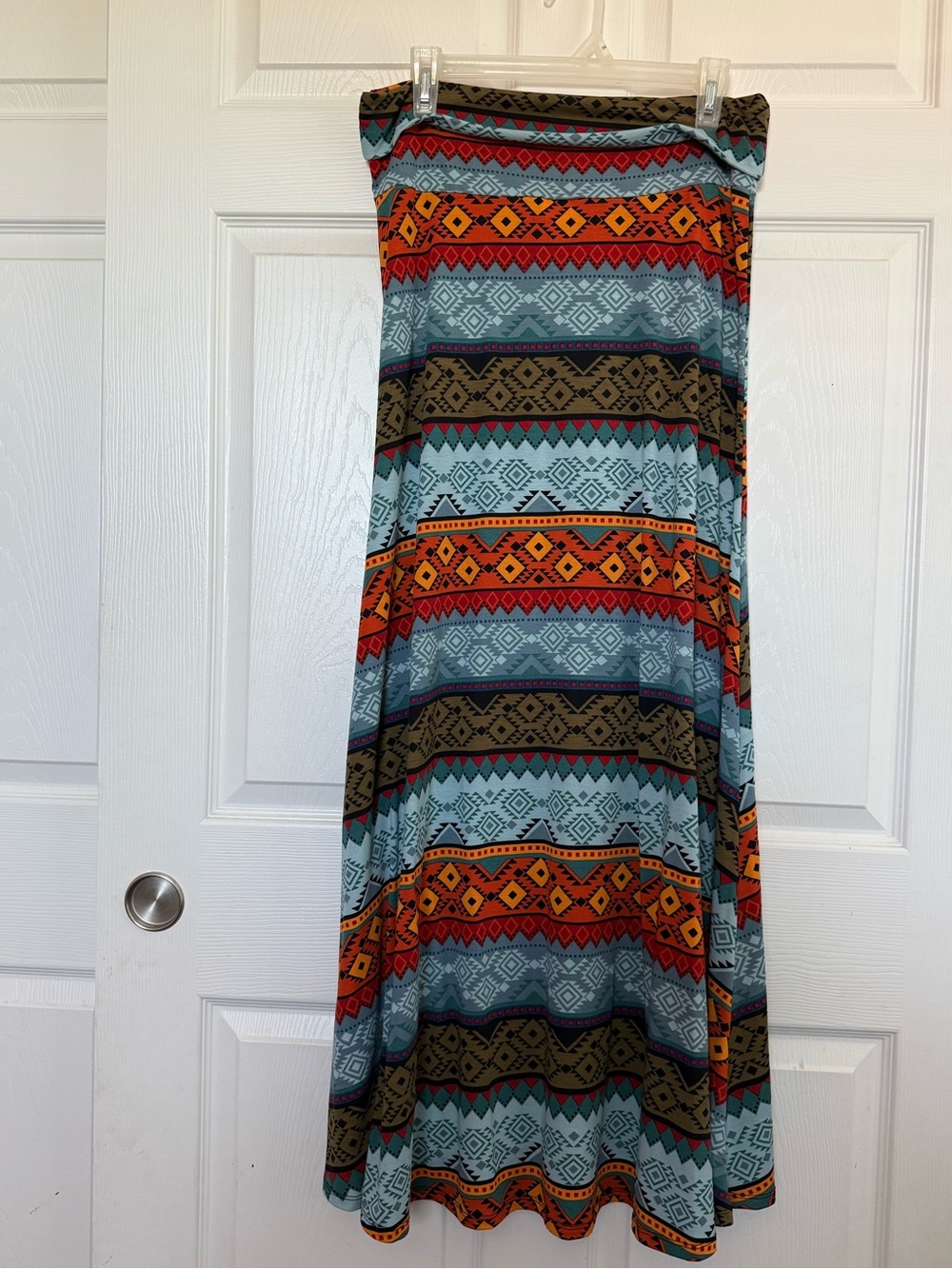 LuLaRoe Aztec-Striped Maxi Skirt in Teal, Orange and Brown